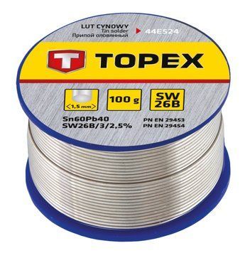 Припій олов'яний TOPEX, Sn60Pb40, флюс SW26B, дріт 1.5мм, 100г 44E524 фото