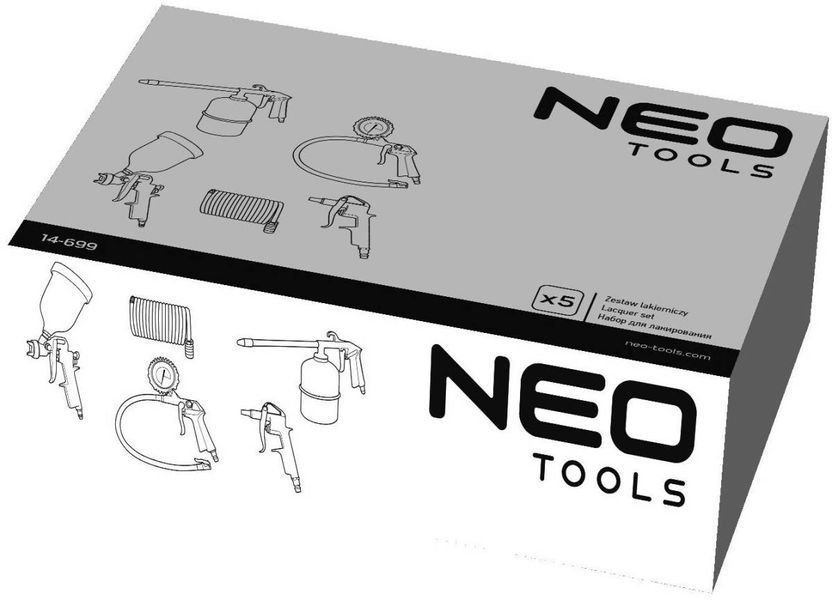 Neo Tools Набор окрасочный, 5шт., пистолет-распылитель, пистолет для продувки, пистолет с манометром, спиральный шланг 14-699 фото