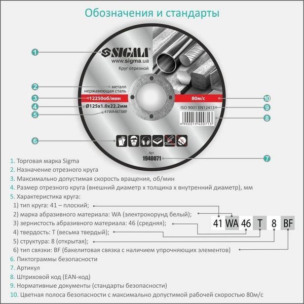 Круг відрізний по металу та нержавіючої сталі &Oslash;230&times;2.5&times;22.2мм, 6650об/хв SIGMA (1940321) SG-1940321 фото