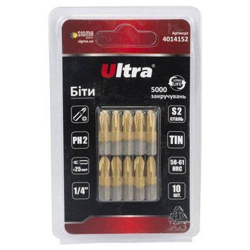 Біти PH2&times;25мм &frac14;" 10шт S2 TIN (блістер) ULTRA (4014152) SG-4014152 фото