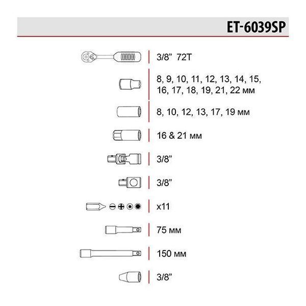 Набір інструментів 3/8", 39 од. INTERTOOL ET-6039SP ET-6039SP фото