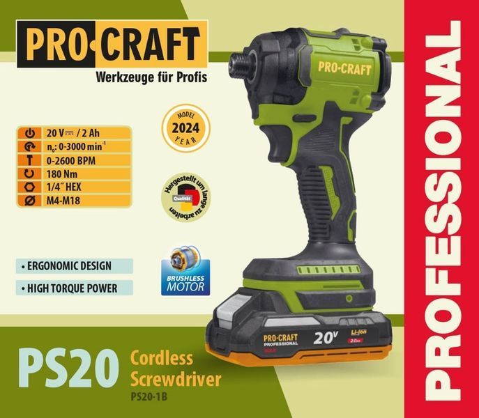 Акумуляторний гвинтоверт Procraft PS20 (1акб 2Аг) PC-030269 фото