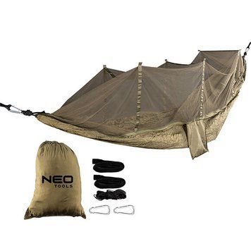 Гамак Neo Tools, з москітною сіткою, матеріал нейлон 210T, 330x140см, до 200кг, шнури, сумка для перенесення, зелений 63-123 фото