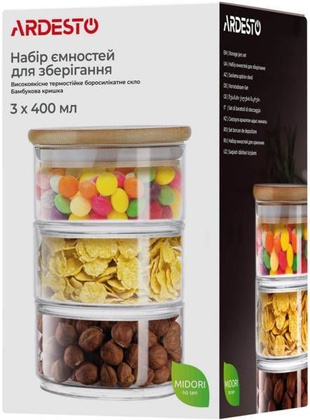Набор емкостей Ardesto Midori, 3*400 мл, боросиликатное стекло, бамбук (AR1203CB) AR1203CB фото