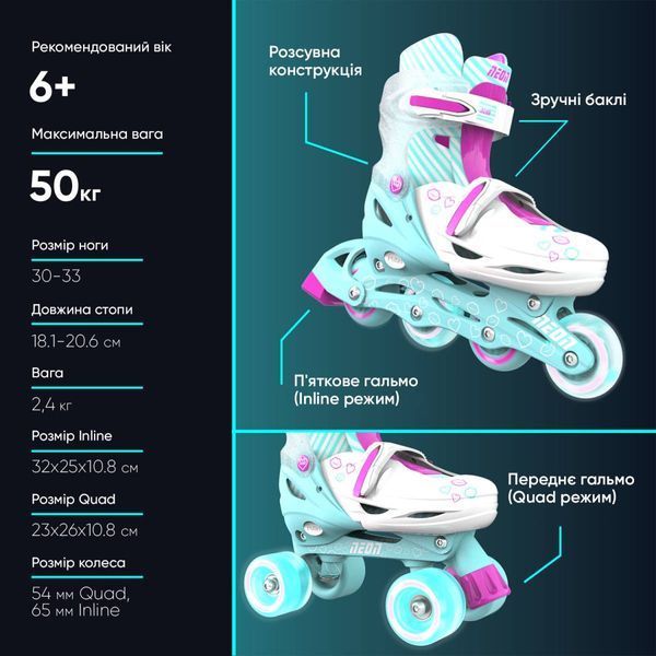 Роликові ковзани Neon Combo Skates Бірюзовий (Розмір 30-33) NT09T4 фото