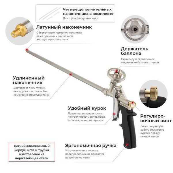 Пистолет для пены с длинным носиком 500 мм + 4 насадки INTERTOOL PT-0650 PT-0650 фото