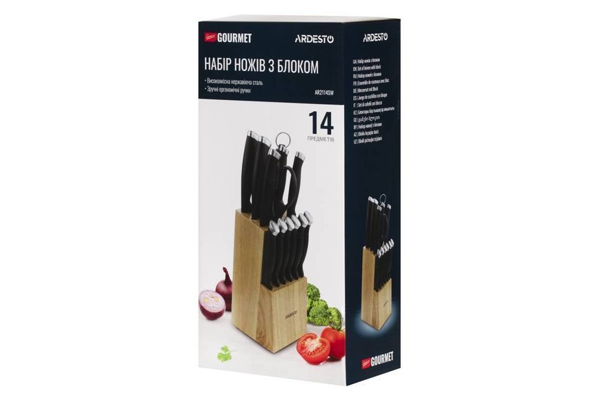 Набір ножів Ardesto Gemini Gourmet 14 предметів, нержавіюча сталь, пластик, каучуковий блок (AR2114SW) AR2114SW фото