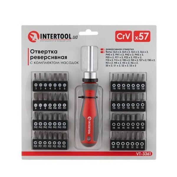Викрутка реверсивна з комплектом насадок 57 од INTERTOOL VT-3361 VT-3361 фото