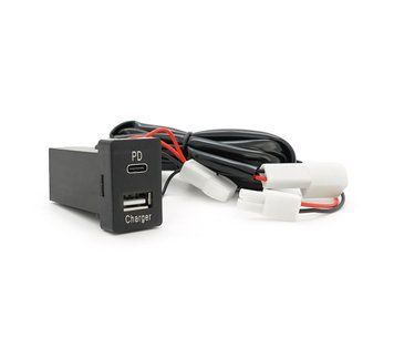 Flush-mounted car charger 38W-L01T03-Fuse, PD+QC, Type-C: 20W, USB: 18W, soldering wire kit with fuse, 33x22x58mm, Black 38W-L01T03-Fuse фото
