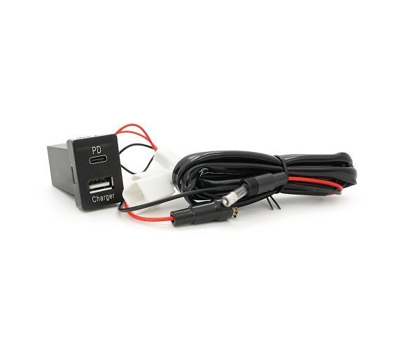 Flush-mounted car charger 38W-L01T03-Fuse, PD+QC, Type-C: 20W, USB: 18W, soldering wire kit with fuse, 33x22x58mm, Black 38W-L01T03-Fuse фото