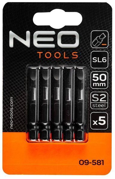 Биты Neo Tools ударные NEО, 50 мм, SL6 &ndash; 5 шт., сталь S2 09-581 фото