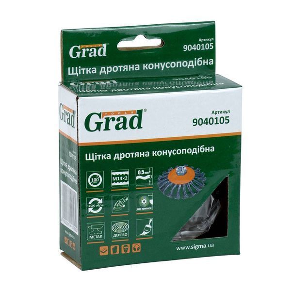 Щітка дротяна конусоподібна &Oslash;100мм М14&times;2 мм (сталева кручена) GRAD (9040105) SG-9040105 фото