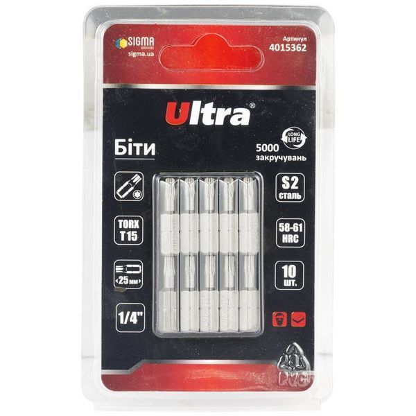 Біти TORX 15&times;25мм &frac14;" 10шт S2 (блістер) ULTRA (4015362) SG-4015362 фото