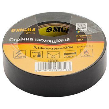 Ізолента ПВХ (чорна) 0.13мм&times;19мм&times;20м Premium SIGMA (8411611) SG-8411611 фото