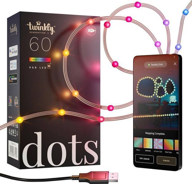 Smart LED Гирлянда Twinkly Dots Lights RGB 60 Gen II, IP20, прозрачный кабель TWD060STP-T фото