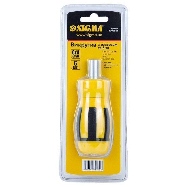 Викрутка з реверсом MINI + біти 6шт CrV SIGMA (4001811) SG-4001811 фото