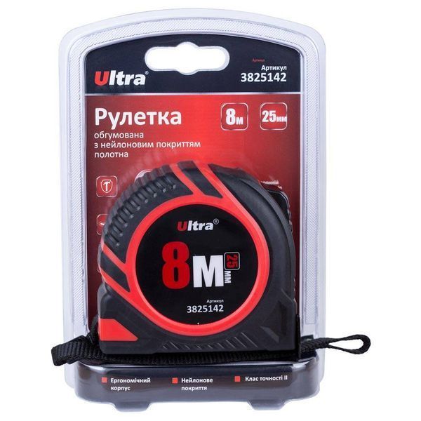 Рулетка обгумована з нейлоновим покриттям полотна 8м&times;25мм ULTRA (3825142) SG-3825142 фото