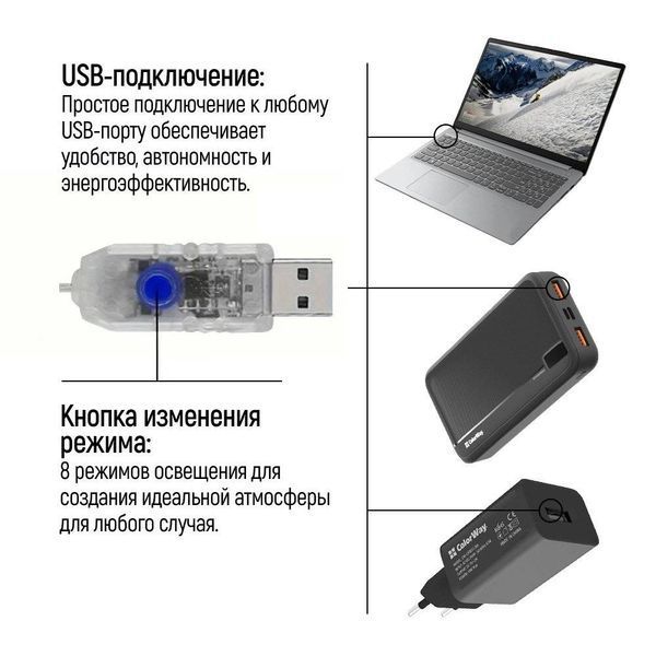 Светодиодная гирлянда ColorWay (CW-G-98L71CUMC) 98LED, 7x1.5м, 8 функций, разноцветная USB CW-G-98L71CUMC фото