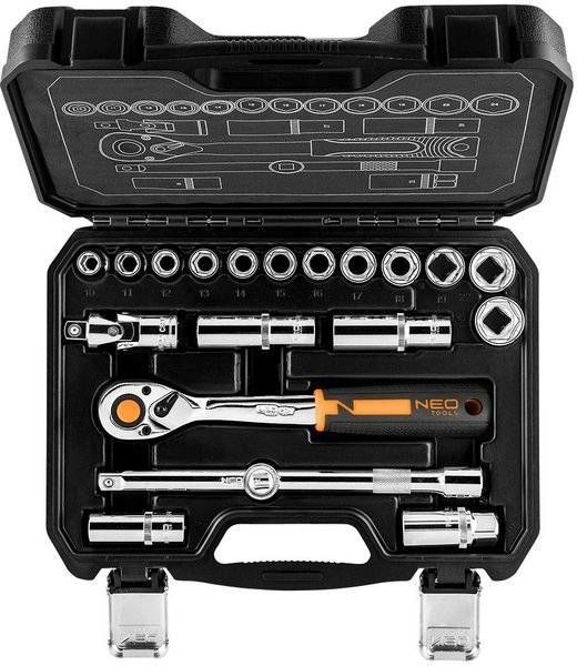 Набор торцевых головок NEO Tools, 20шт, 1/2", трещотка 90 зубцов, CrV, кейс (10-032N) 10-032N фото