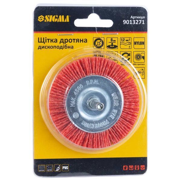Щітка дротяна дископодібна &Oslash;75мм хвостовик &Oslash;6мм (нейлонова) SIGMA (9013271) SG-9013271 фото