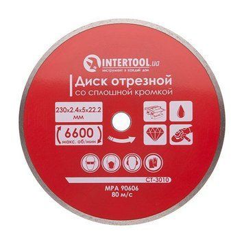 Диск алмазный отрезной по плитке, со сплошной кромкой, 230мм, 22-24% INTERTOOL CT-3010 CT-3010 фото