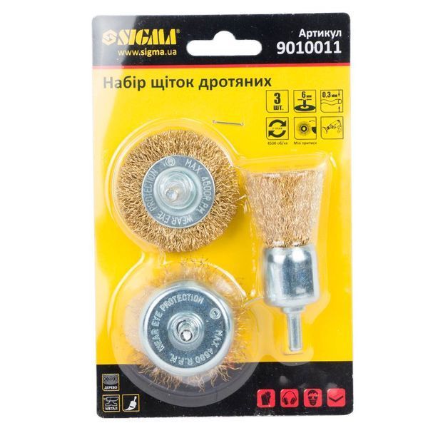 Набір щіток дротяних 3шт &Oslash;25; 50; 50мм хвостовик &Oslash;6мм (латуньована) SIGMA (9010011) SG-9010011 фото