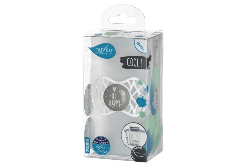 Пустушка ортодонтична Nuvita NV7084 Air55 Cool 6m +" BE HAPPY" перлинно-сіра (NV7084PG) NV7084PG фото