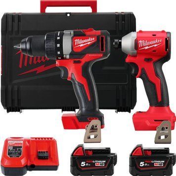 Набір із двох акумуляторних інструментів Milwaukee M18 BLPP2A3-502X 18В шурупокрут-дриль M18 BLPD2 гвинтоверт ударний M18 BLIDR акб М18 2х5А&middot;год ЗП M12-18FC кейс 4933492844 фото