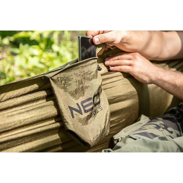 Гамак Neo Tools, матеріал нейлон 210T, до 200 кг, 330x140см, шнури, сумка для переноска, зелений 63-124 фото