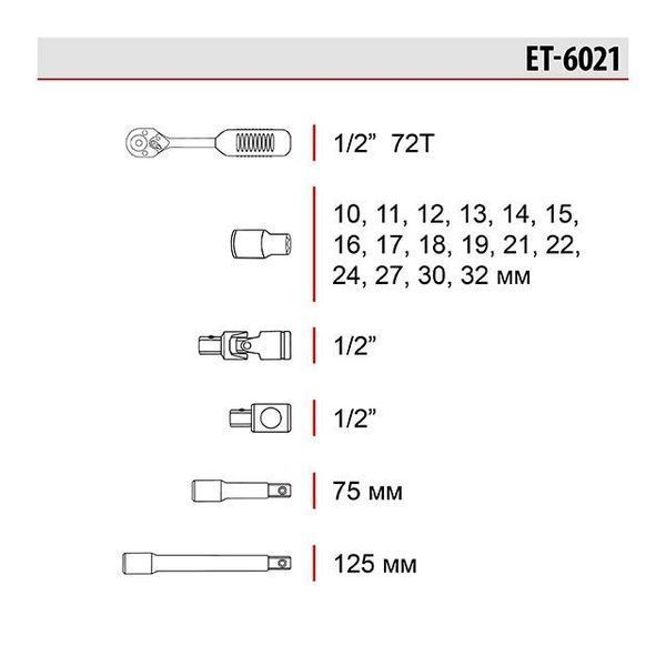 Набор инструментов профессиональный, 1/2", 21 ед. CrV INTERTOOL ET-6021 ET-6021 фото