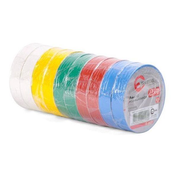 Лента изоляционная, 17 мм*25 м*0,15 мм, цветная (уп. 10 шт) INTERTOOL IT-0029 IT-0029 фото