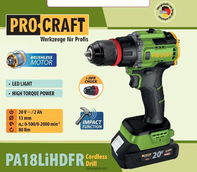 Шуруповерт Procraft PA18LiH DFR з ударом (1 акб і зп) PC-001821 фото