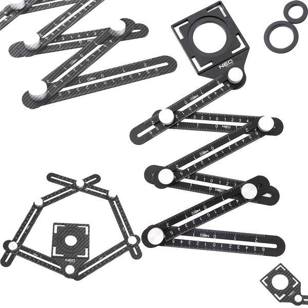 Линейка Neo Tools угловая, алюминий, 6 плеч шкалы 0-6 см, отверстия в шаблоне 2.5/4/4.5 см 72-351 фото