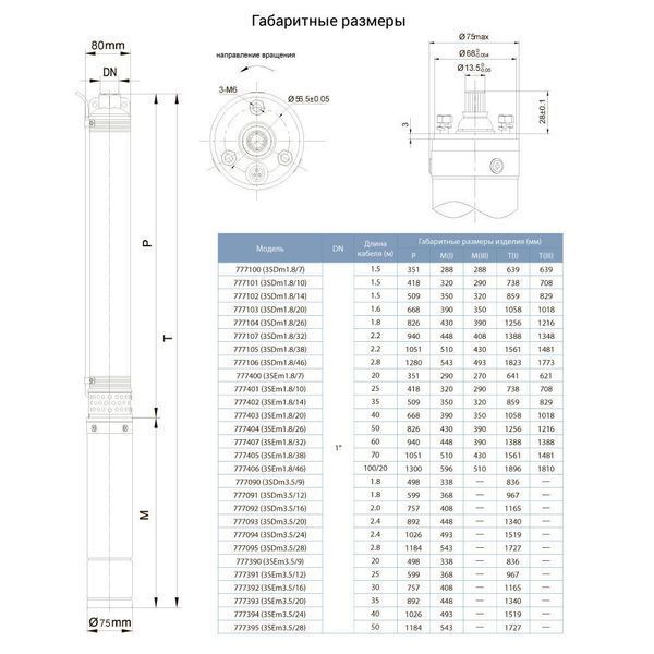 Насос скважинный центробежный 1.1кВт H 93(69)м Q 90(60)л/мин &Oslash;80мм (кабель 40м) AQUATICA (DONGYIN) 3SEm3.5/24 (777394) SG-777394 фото