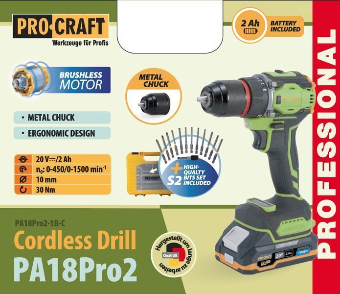 Шуруповерт Procraft PA18Pro2 (з 1 АКБ 2Аг) набір біт PC-001823 фото