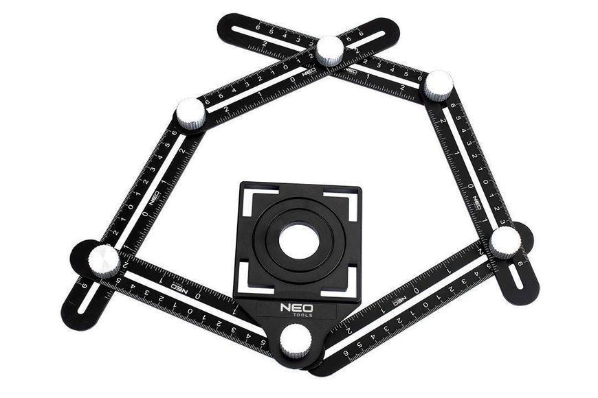 Линейка Neo Tools угловая, алюминий, 6 плеч шкалы 0-6 см, отверстия в шаблоне 2.5/4/4.5 см 72-351 фото